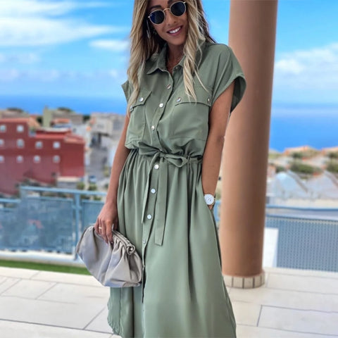 Shyloli Casual Bow Tie Pockets Bandage Dress Batwing Sleeve Turn Down Collar Midi Dress 2020 New Fashion Summer Dress