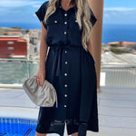 Shyloli Casual Bow Tie Pockets Bandage Dress Batwing Sleeve Turn Down Collar Midi Dress 2020 New Fashion Summer Dress