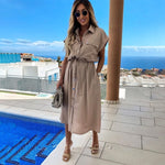 Shyloli Casual Bow Tie Pockets Bandage Dress Batwing Sleeve Turn Down Collar Midi Dress 2020 New Fashion Summer Dress