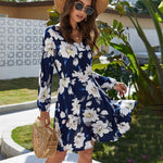 2020 New Classic V-neck Lace-up Floral Printed Dress Women V-neck Backless Longsleeve Elegant Knee-length Dress S-XL